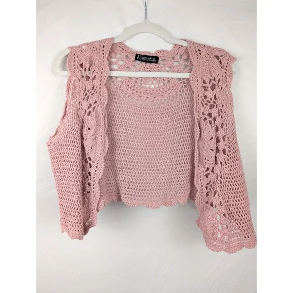 Vtg Y2K Lace Fairy Crochet Sleeveless Cardigan Sz L Pink Coquette Twee Festival - Picture 2 of 9